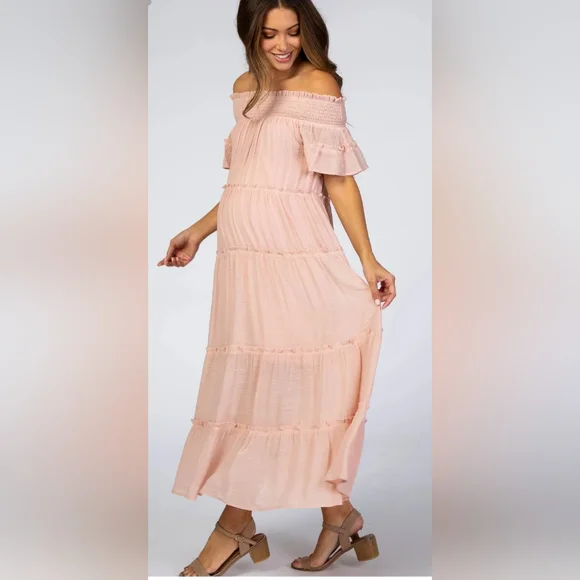 open lace back dress PinkBlush Lavender Off Shoulder Chiffon Maxi Maternity Dress